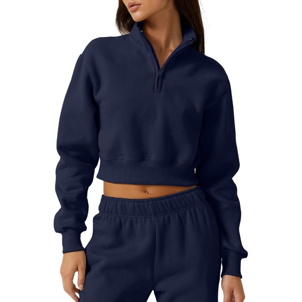Womens Half Zip Crop Sweatshirt Fleece Long Sleeve High Neck Athletic Wear